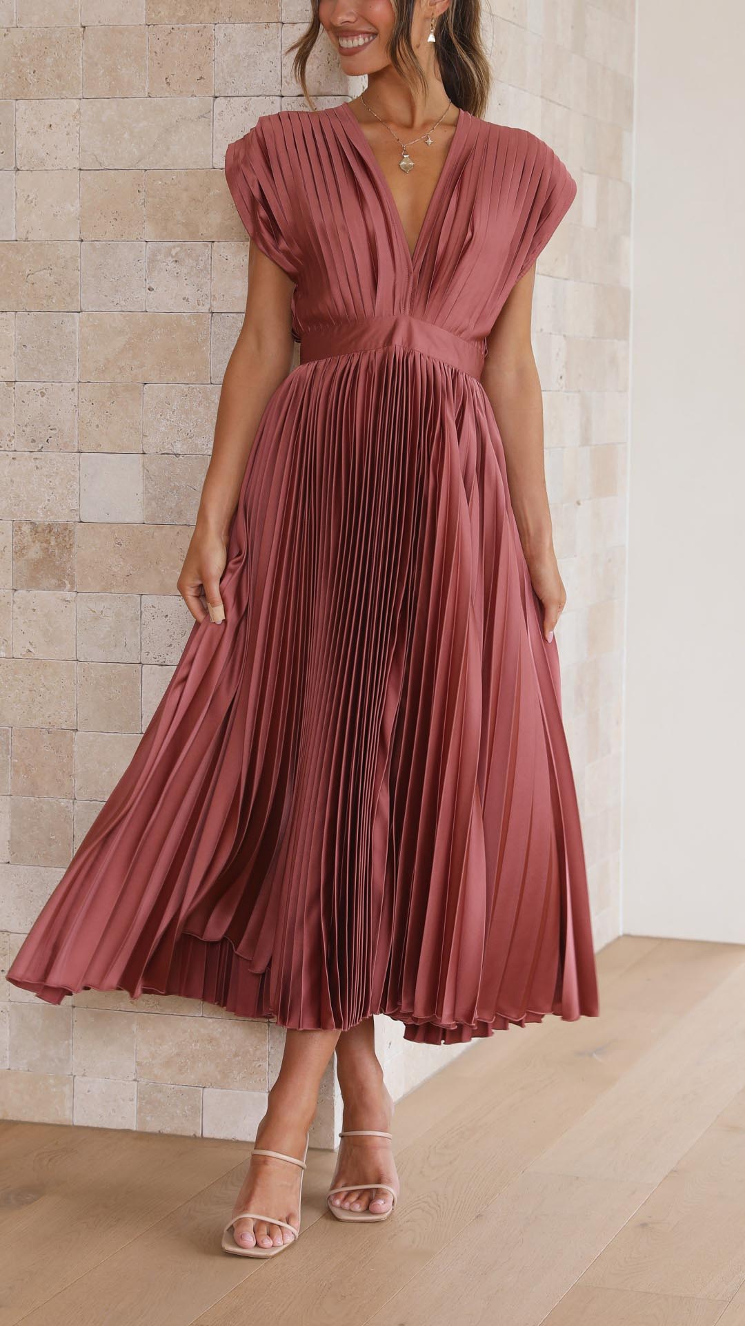 Catherine Pleated V Neck Midi Wedding Guest Dress