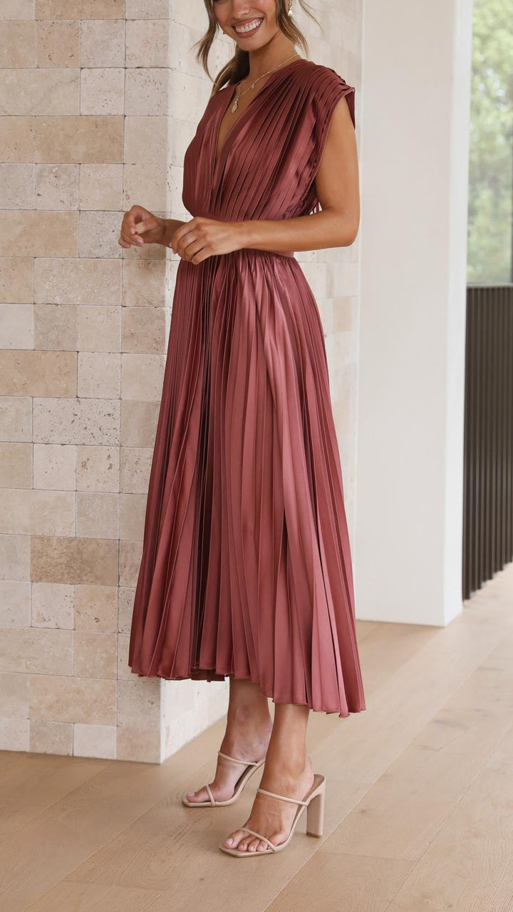 Catherine Pleated V Neck Midi Wedding Guest Dress