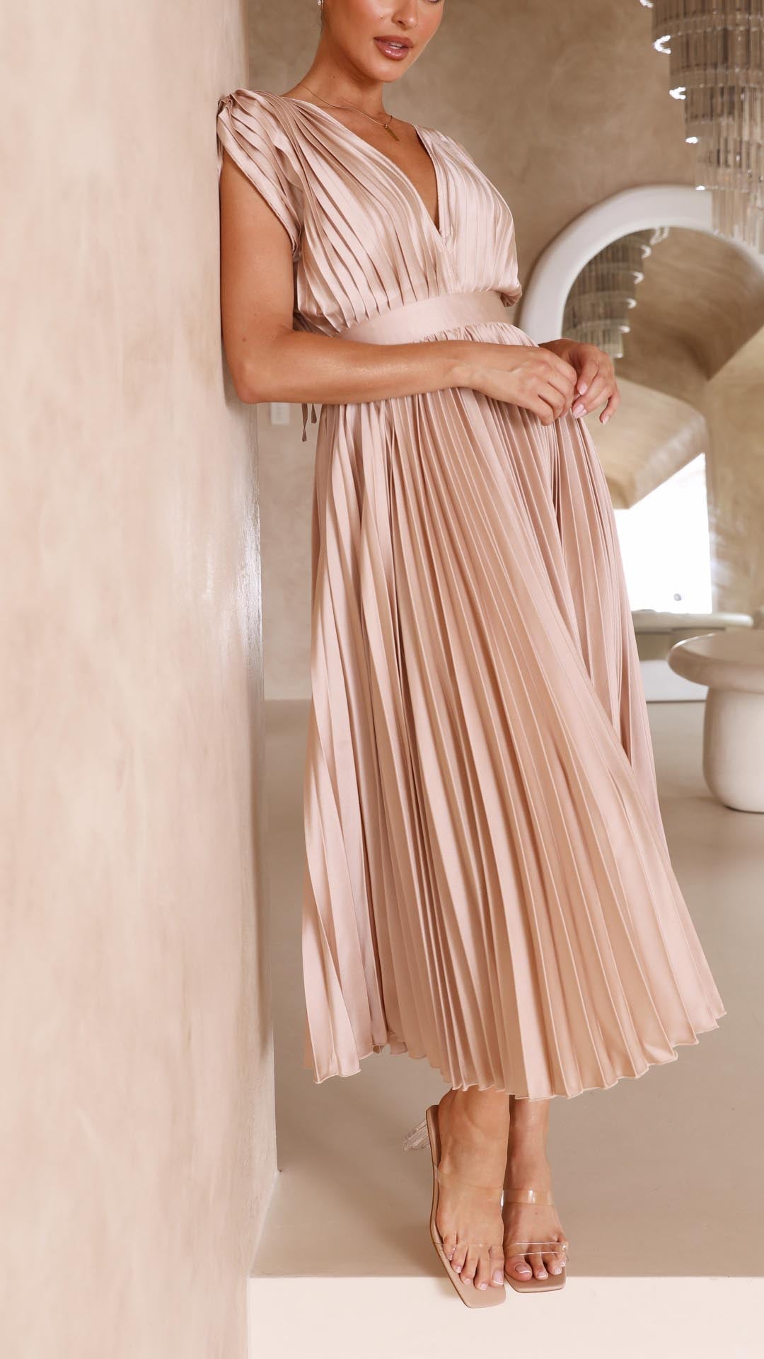 Catherine Pleated V Neck Midi Wedding Guest Dress