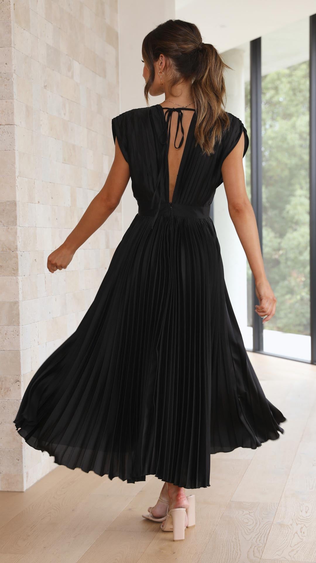 Catherine Pleated V Neck Midi Wedding Guest Dress
